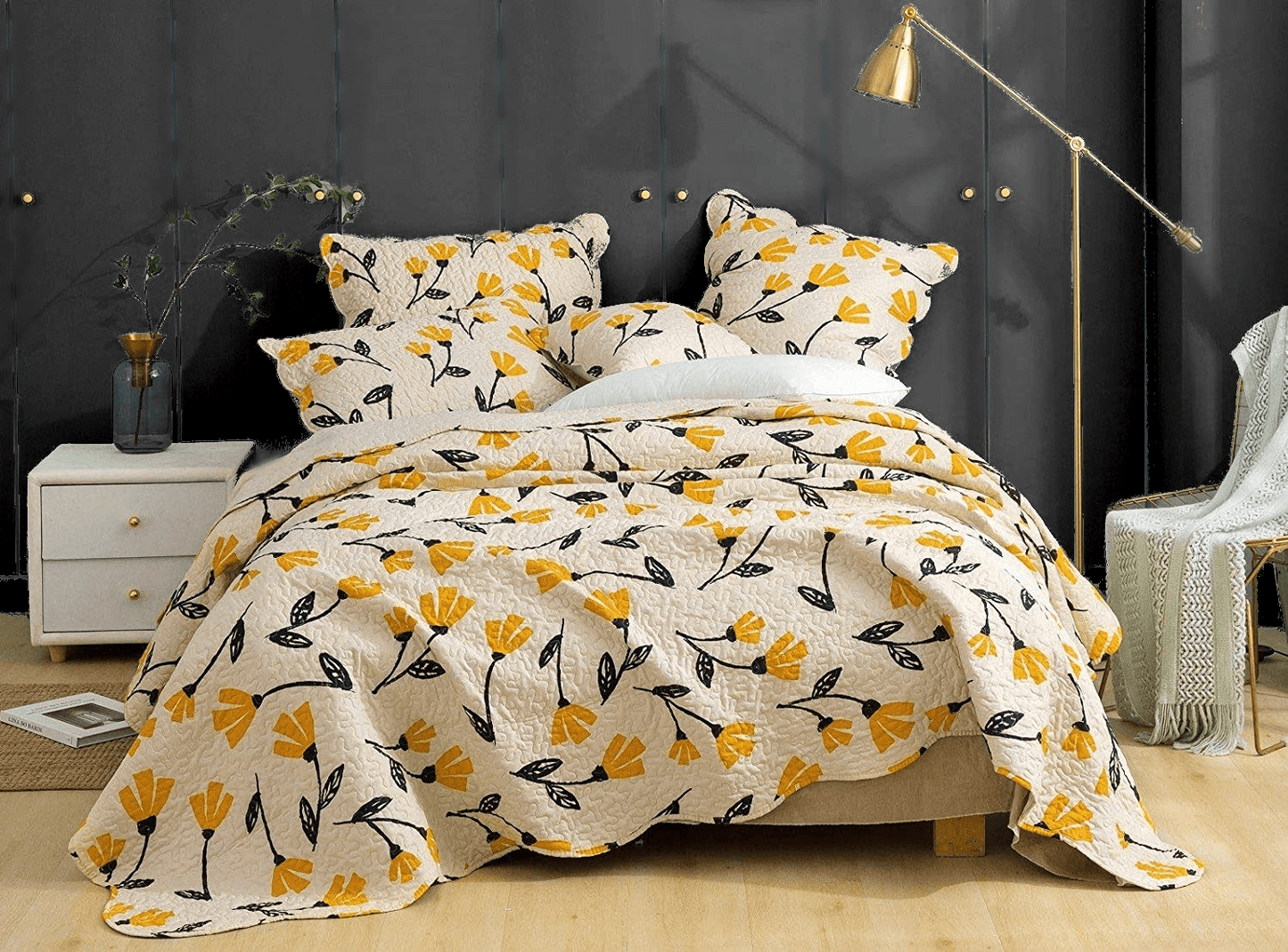 DaDa Bedding Yellow Fleur Floral Golden Orange Ivory Cream Scalloped