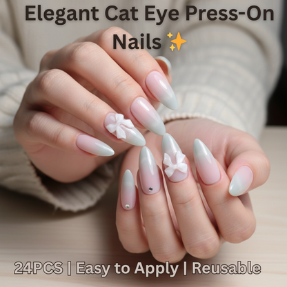 Elegant Cat Eye Almond Press-On Nails with 3D Bow – 24pcs Gradient French Style