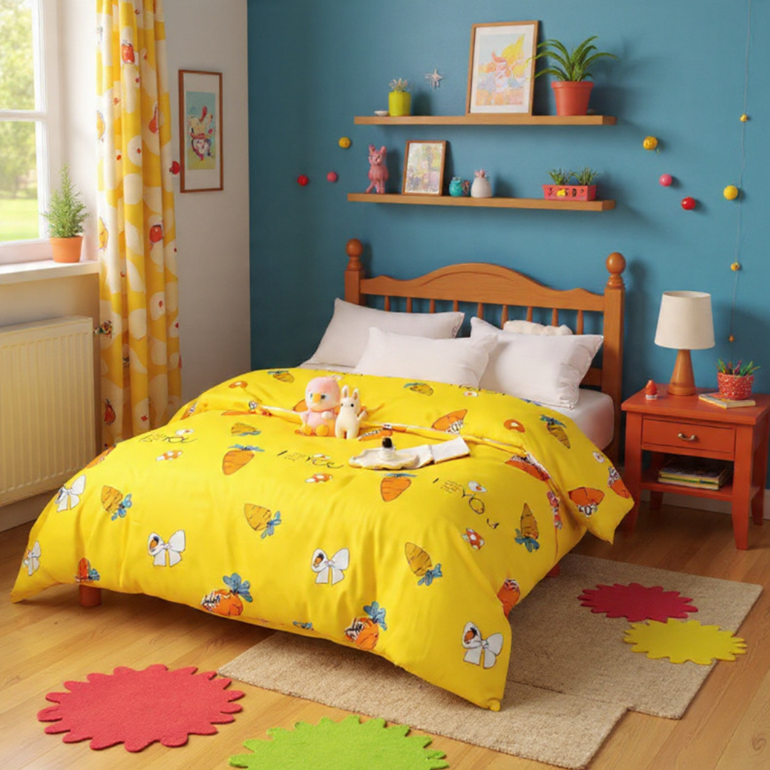 Single Bed Duvet Cover, Bright Yellow Carrot Design – Soft Touch • Dorm & Kids Room