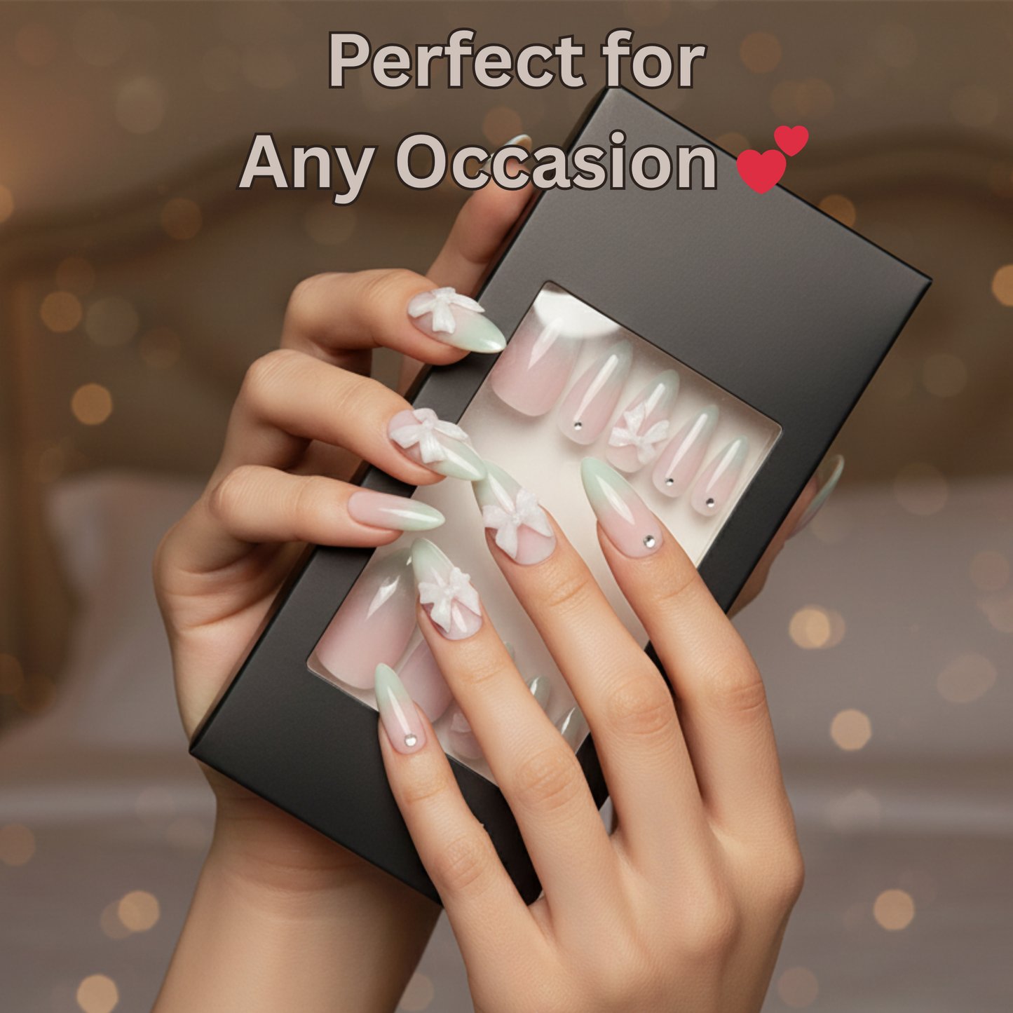 Elegant Cat Eye Almond Press-On Nails with 3D Bow – 24pcs Gradient French Style