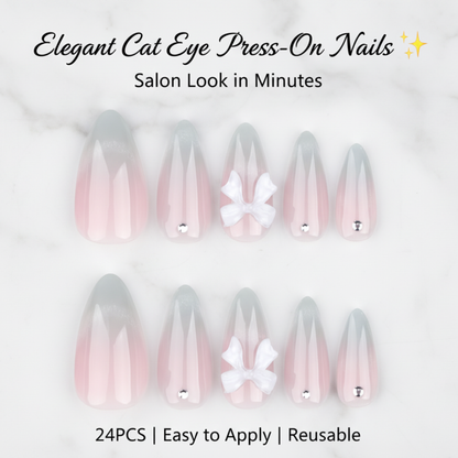 Elegant Cat Eye Almond Press-On Nails with 3D Bow – 24pcs Gradient French Style