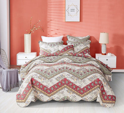 DaDa Bedding Rustic Bohemian Cranberry Sage Chevron Floral Bedspread