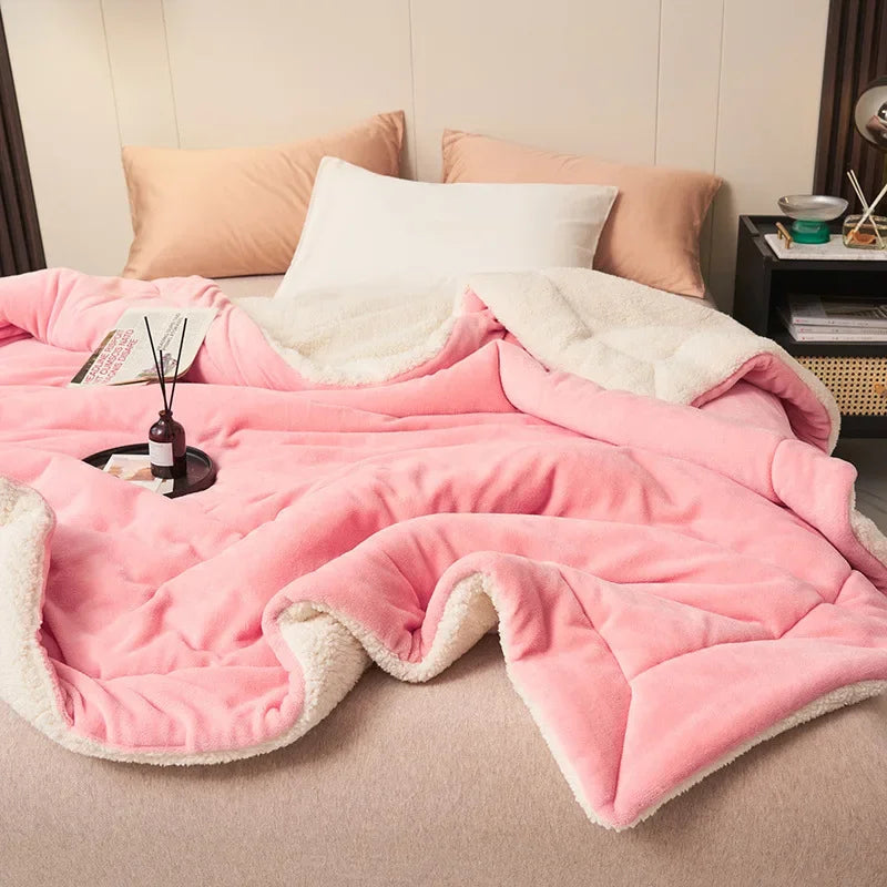 Imitation Lambswool Autumn Winter Warm Blanket Mechanical Wash Double Layer Queen Blankets for Beds Super Soft Plush Comfortable