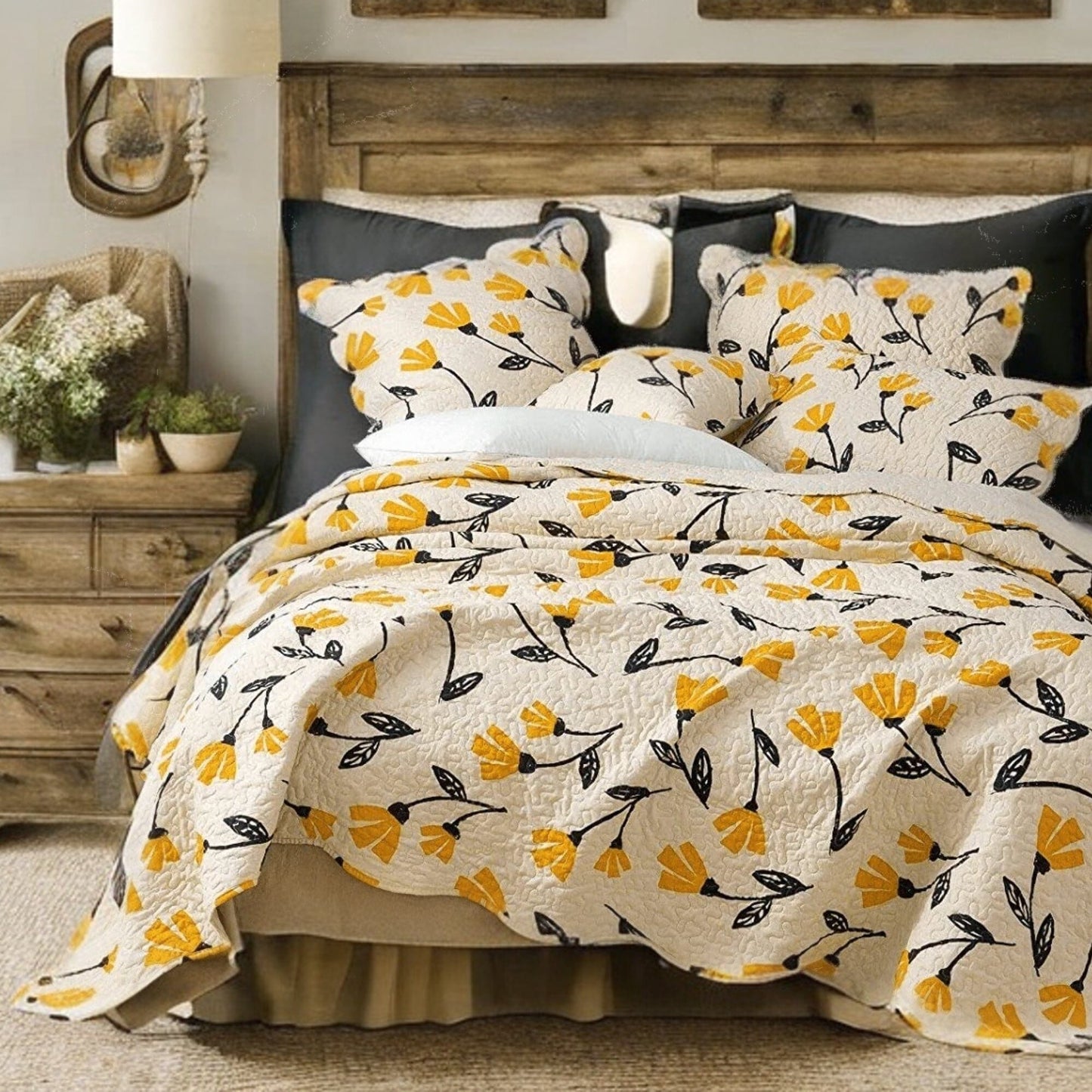 DaDa Bedding Yellow Fleur Floral Golden Orange Ivory Cream Scalloped